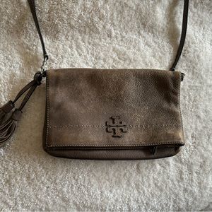 Tory Burch Miller Foldover crossbody bag in taupe.  shows wear and tear